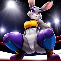 1girls 2020s 2023 ai_generated anthro athletic_female bottomless bottomless_female crouching disney female female_only frosting.ai half_naked judy_hopps pussy rabbit rabbit_humanoid scalieton self_upload vagina wrestling_outfit wrestling_ring zootopia