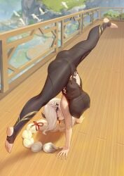 1girls female female_only genshin_impact handstand niliu_chahui shenhe_(genshin_impact) solo splits stirrup_legwear upside-down upside-down_splits