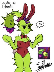 1girls bowtie bunny_ears bunny_girl bunny_suit dusk_lobber_(pvz) green_skin humanoid plant plant_girl plantie plants_vs_zombies plants_vs_zombies_2:_it's_about_time ponytail red_bowtie sdlg solo_female thorns