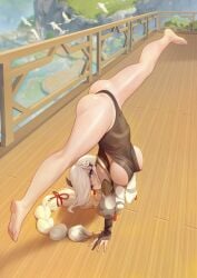 1girls female female_only genshin_impact handstand leotard niliu_chahui shenhe_(genshin_impact) solo splits upside-down upside-down_splits