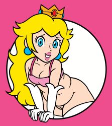 1female 1girls accurate_art_style bare_shoulders blonde_hair blue_eyes breasts chubby cleavage crown female female_focus girl headwear hexanne lips long_hair mario_(series) nintendo nintendo_style pink_background princess_peach pussy solo_focus thick_thighs vhfd