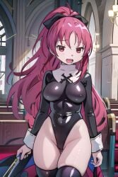 1girls ai_generated black_legwear black_ribbon church church_interior female female_only hair_ribbon highres latex latex_nun leotard long_hair long_ponytail magical_girl mahou_shoujo_madoka_magica nun nun_outfit open_mouth ponytail puella_magi_madoka_magica red_eyes red_hair sakura_kyouko smile solo thick_thighs thighhighs