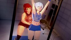 1futa 1girls 3d animated blue_eyes bondage dezerbitch female futa_on_female futanari green_eyes gym hongcha03 low-angle_view nipple_piercing panties panties_aside penis pull-up_(exercise) pyrrha_nikos rape red_hair rwby sex tagme underwear video weiss_schnee white_hair working_out