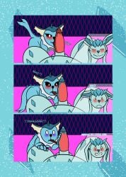 absurd_res anthro duo eeveelution feral_on_male generation_1_pokemon generation_4_pokemon genitals glaceon hi_res maximilianofox nintendo penis pokemon pokemon_(species) spanish_text text vaporeon