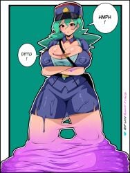 arms_crossed big_breasts big_thighs ditto ditto_(pokémon) gender_transformation genderswap_(mtf) officer_jenny_(pokemon) partial_transformation pokemon pokemon_(species) pouting shape_shifter shapeshifter shiftingfun slime transformation