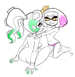 2girls breasts cephalopod_humanoid cute dat_ass fingerless_gloves green_eyes heart-shaped_pupils inkling iseenudepeople limited_palette long_hair looking_at_each_other looking_at_partner marina_(splatoon) mole_under_mouth multiple_girls naked nintendo octoling panties panties_only pearl_(splatoon) ponytail pseudo_hair short_hair size_difference smiling splatoon splatoon_2 tentacle_hair tied_hair topless yellow_eyes yuri