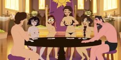 2boys 4girls black_hair braid brown_hair cassandra_(tangled) disney disney_channel disney_princess eugene_fitzherbert female king_frederic mehefin013 multiple_girls nude queen_arianna rapunzel self_upload strip_poker tangled tangled:_the_series undressing willow_(tangled)