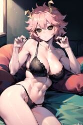 ai_generated aiposter black_bra breasts couch horns looking_at_viewer lying mina_ashido my_hero_academia on_side pink_hair string_panties