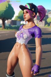 ai_generated beach_bomber bottomless breast brite_bomber cartoonforge cartoony cute fanart fanart_from_twitter fortnite fortnite:_battle_royale gloves hat looking_up naked naked_female nude nude_female outside public public_nudity pussy ripped_clothes ripped_clothing shiny shiny_skin shirt socks sweat sweating twitter video_game_character video_games videogames