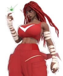 2023 angry arm_support armwear big_breasts clothed clothed_female clothing dark-skinned_female dark_skin human knora_the_echidna knuckles_the_echidna male_character_(cosplay) muscular muscular_female popogori purple_eyes red_hair rule_63 sega sonic_(series) sonic_the_hedgehog_(series) tagme white_background