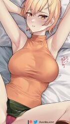 armpit_fetish armpits arms_up big_breasts blonde_hair blush damobelmont fully_clothed heather_mason on_back on_bed panties red_panties short_hair silent_hill silent_hill_3 sleeveless sleeveless_shirt spread_legs turtleneck upskirt yellow_eyes