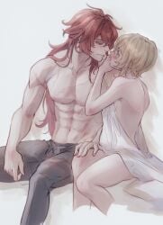 1boy 1girls abs blonde_hair blush diluc_(genshin_impact) eye_contact face-to-face female genshin_impact long_hair long_hair_male looking_at_partner lumine_(genshin_impact) male male/female muscular muscular_male red_eyes red_hair romantic root_(050710root) scar shirtless short_hair_female straight yellow_eyes