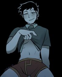 abs black_hair clothed clothing comic comic_page male male_focus male_only sabobonds scott_pilgrim shirt shirt_up skinny smile smiling solo solo_male underwear wallace_wells