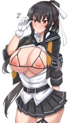 absurdres belt bikini black_belt black_hair breasts breasts_out cleavage closed_mouth female female_only gloves grey_skirt hachimaki highres huge_breasts kantai_collection large_breasts light-skinned_female light_skin looking_at_viewer miniskirt nipples orange_eyes pleated_skirt ponytail simple_background skirt smile solo solo_female swimsuit toshimasa_(ztvy3575) uniform variant_set white_background white_gloves yahagi_(kantai_collection) yahagi_kai_ni_(kantai_collection)