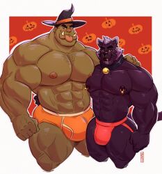 2023 2boys anthro bara bara_tits barazoku big_bulge briefs bulge felid feline felis fur furry gay green-skinned_male green_body green_skin halloween holidays huge_bulge jockstrap looking_at_viewer male male/male male_focus male_nipples male_only mammal manly muscular_anthro muscular_male nipple_piercing nipples orc orc_male penis_outline pointy_ears solo_male teeth teeth_visible toastyfuzzbuns tusks underwear yaoi yiff