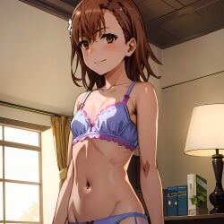 ai_generated brown_eyes brown_hair hair_ornament hentai_world indoors misaka_mikoto to_aru_kagaku_no_railgun to_aru_majutsu_no_index underwear