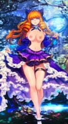 1girls areolae big_breasts breasts clothing collar guinevere_(mobile_legends) magical_girl mobile_legends mobile_legends:_adventure nipples no_bra orange_hair skirt_suit solo standing