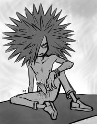 1boy anthro bracelets collarbone greyscale hand_on_knee humanoid iseenudepeople male_only marine narrowed_eyes nintendo nipples pants penis penis_out sea_urchin shoes sitting skinny spiky_hair splatoon spyke_(splatoon)