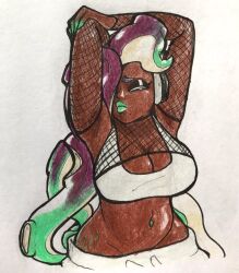 1girls armpits arms_up big_breasts breasts clothing curvaceous curvy curvy_figure dark-skinned_female dark_skin female female_only fishnets hips hourglass_figure large_breasts lipstick makeup marina_(splatoon) off_the_hook_(splatoon) oh_gosh_levi splatoon stomach stomach_piercing stretch_marks stretching sweatpants tank_top wide_hips