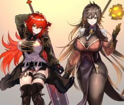 2girls brown_eyes brown_hair diluc_(genshin_impact) genderswap genshin_impact hominamia liyue mondstadt morax multiple_girls red_eyes red_hair rex_lapis rule_63 yavalley zhongli_(genshin_impact) zhongli_jiejie