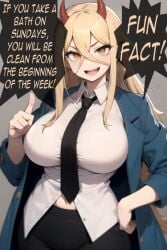 ai_generated big_breasts black_tie blonde_hair chainsaw_man daidouji_(artist) hair_between_eyes hand_on_hip horns jacket long_hair messy messy_hair open_mouth pants pointing power_(chainsaw_man) red_horns screaming shirt smile smug text text_bubble tie yellow_eyes