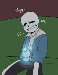 1boy animated_skeleton blue_blush blue_penis blush clothing couch ectopenis hooded_jacket hoodie jacket male male_only masturbation moaning monster penis precum sans sans_(undertale) sitting sitting_on_couch sitting_on_sofa skeleton sofa text touching_penis undead undertale undertale_(series)