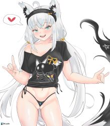 1girls bikini black_shirt female fox_ears fox_girl fox_shadow_puppet fox_tail hololive hololive_gamers hololive_gen_1 hololive_japan pussy shirakami_fubuki spoken_heart tagme virtual_youtuber vtuber