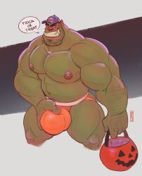 1boy 2023 balls bara bara_tits barazoku big_bulge bulge gay green-skinned_male green_body green_skin hairy_male halloween holidays huge_bulge jockstrap looking_at_viewer male male_focus male_nipples male_only manly muscular_male nipples orc orc_male penis penis_outline pointy_ears pumpkin solo solo_male teeth teeth_visible toastyfuzzbuns tusks underwear yaoi