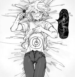 1boy body_writing bottomwear clothed curly_hair danganronpa danganronpa_2:_goodbye_despair exposed_torso male male_focus male_only masochism monochrome nagito_komaeda pale-skinned_male pale_skin pants shirt shirt_lift shirt_up short_hair skinny skinny_male solo white_hair yaoi