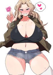 blonde_hair blue_eyes blush breasts condom condom_wrapper denim denim_shorts dettonnn female girls_und_panzer heart highres holding holding_condom jacket kay_(girls_und_panzer) large_breasts long_hair looking_at_viewer naughty_face navel open_clothes open_jacket shorts solo sweat thighhighs