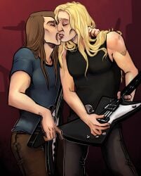 2boys blonde_hair brown_hair closed_eyes clothed drool gay grabbing_hair guitar k1ngj0ve kissing large_pectorals making_out metalocalypse skwisgaar_skwigelf sweat toki_wartooth tongue tongue_kiss yaoi