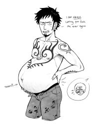 2boys arm_tattoo big_belly blush chest_tattoo donquixote_rosinante earrings english_text facial_tattoo gay goatee male male_only male_pregnancy monochrome mpreg nipples one_piece open_pants pants pregnant short_hair splunkydunk topless_male trafalgar_law yaoi