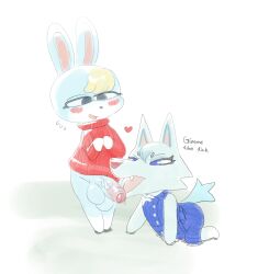 absurd_res animal_crossing anthro balls blush bottomless clothed clothing duo female femboy foreskin genitals hi_res interspecies kemonoci male male/female nintendo oral penis predator/prey sasha_(animal_crossing) whitney_(animal_crossing)