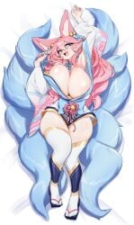 ahri big_breasts blue_eyes blue_tail female female_focus female_only fox fox_ears fox_girl fox_humanoid fox_tail hair hair_ornament huge_breasts japanese_clothes japanese_clothing japanese_sandals kemonomimi kimono kitsune league_of_legends league_of_legends:_wild_rift looking_happy lying_down lying_on_back lying_on_bed pink_hair ribbon riot_games spirit_blossom_ahri spirit_blossom_series thick_thighs thighhighs yabby