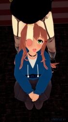 1boy 1girls 3d black_hair brown_hair cant_see_the_haters cock_shock cock_worship doki_doki_literature_club female femboy femboy_on_female femboydom garter_belt goth green_eyes hellfish hoodie image imminent_oral koikatsu long_hair monika_(doki_doki_literature_club) oc penis penis_awe penis_on_face skirt stockings