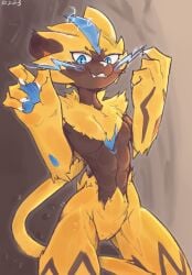 anthro blue_eyes breasts c3ilin claws electricity fangs featureless_breasts felid female front_view fur generation_7_pokemon genitals hi_res kneeling legendary_pokemon mammal nintendo nude pokemon pokemon_(species) pussy slim small_breasts smile solo teeth yellow_body yellow_fur zeraora