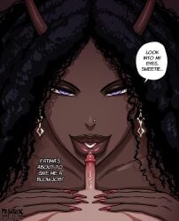 1boy 1girls circumcised cum_leaking dark-skinned_female fatima_(fellatrix) fellatrix female female_focus male purple_eyes small_penis small_penis_adoration smaller_male solo_focus straight text