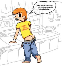 1boy ass barefoot countertop feet gay kitchen male male_only presenting presenting_ass request scott_pilgrim scott_w_pilgrim sneezer_(shiza) speech_bubble