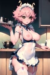 ai_generated aiposter cleavage horn kitchen looking_at_viewer maid maid_headdress maid_outfit maid_uniform mina_ashido my_hero_academia nipple_cutout pink_hair