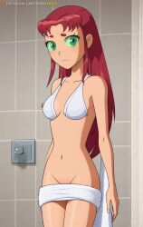 2d ai_generated animated anime_style bottomless breasts cartoon_network cartoonforge cartoony casual_exposure casual_nudity dc koriand'r naked naked_female nude nude_female shower shower_room showering starfire starfire_(teen_titans) superhero superhero_costume superheroine teen_titans towel towel_around_waist towel_only