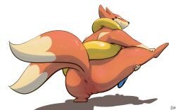 anthro anus closed_eyes female fizzpop floatzel fur generation_4_pokemon genitals hand_on_leg hi_res multi_tail nintendo nude on_one_leg orange_body pokemon pokemon_(species) pussy raised_leg raised_tail simple_background smile solo standing stretching tail white_background