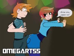 1boy 1girls against_wall ahoge black_eyes buttjob clothed erection erection_under_clothes female heart looking_back male omegart55 orange_hair ramona_flowers red_hair scott_pilgrim scott_pilgrim_takes_off scott_w_pilgrim self_upload short_hair spanish_text sweat two_tone_hair yellow_hair