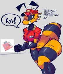 1female anthro balls barely_clothed bee bee_girl black_and_white_eyes cash_register cashier delivery_girl dick dumb fast_food_uniform piercing pizza_bee_(xexeezy) pizza_girl solo speech_bubble thick thick_ass thick_thighs uniform xexeezy