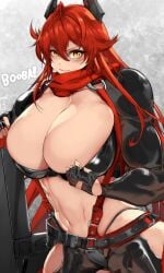 1girls 2023 alternate_version_available breasts cleavage female female_focus fingerless_gloves gloves goddess_of_victory:_nikke hi_res high_resolution highres hips huge_breasts jin-jin long_hair looking_at_viewer midriff muscular muscular_arms muscular_female red_hair red_hood_(nikke) scarf solo solo_female solo_focus top_heavy wide_hips yellow_eyes