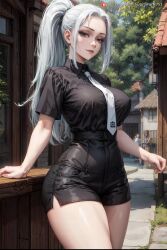 ai_generated big_breasts breasts curvaceous curvy curvy_female curvy_figure female female_only fit_female jujutsu_kaisen large_breasts long_hair looking_at_viewer mature mature_female mei_mei_(jujutsu_kaisen) milf outdoors ponytail seductive_look shirt shorts small_waist solo solo_female stable_diffusion supr3metr thighs white_hair wide_hips