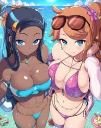 2girls aqua_eyes beach bikini black_hair blue_eyes breasts chocolate_and_vanilla dark-skinned_female dark_skin female female_only hips huge_breasts human kasai_shin large_breasts light-skinned_female light_skin long_hair multiple_girls nessa_(pokemon) nintendo orange_hair outdoors pokemon pokemon_(species) pokemon_ss side_ponytail sonia_(pokemon) thick_thighs thighs wide_hips