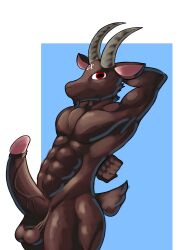 absurd_res anthro balls big_penis bovid bovid_horn brown_body brown_fur caprine caprine_demon caprine_horn demon erect_tail erection facial_hair fan_character fur genitals goat goat_demon goatee hi_res horizontal_pupils horn looking_at_viewer male male_only mammal mature_anthro mature_male muscular muscular_male nude original_character_do_not_steal pagliaccci55 penis prick_ears pupils red_eyes simple_background smile solo solo_male vein veiny_penis