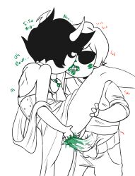 1boy1girl 1girls ccndies dave_strider dialogue exposed_breasts female green_lipstick homestuck kanaya_maryam kissing lipstick_mark male_penetrating male_penetrating_female moaning orientation_play qyuu standing_sex troll vaginal_penetration