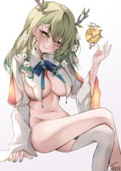 1girls antlers blush breasts ceres_fauna gradient_hair green_hair hair_between_eyes hair_flower hololive hololive_english hololive_english_-council- hololive_english_-promise- long_hair looking_at_viewer mole mole_under_eye navel smile solo takida_185 thighs underboob virtual_youtuber white_background yellow_eyes