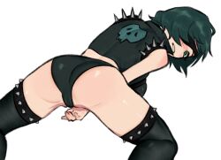 alternate_costume black_hair black_jacket black_panties black_thighhighs chainsaw_man female green_eyes gurumo himeno_(chainsaw_man) jacket looking_at_viewer looking_back panties parted_lips short_hair shoulder_spikes simple_background sleeveless sleeveless_jacket solo spiked_jacket spiked_legwear spikes thighhighs underwear white_background